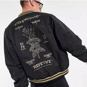 ASOS streetwear detailed Greenwood ReserveEmbroidered black bomber jacket